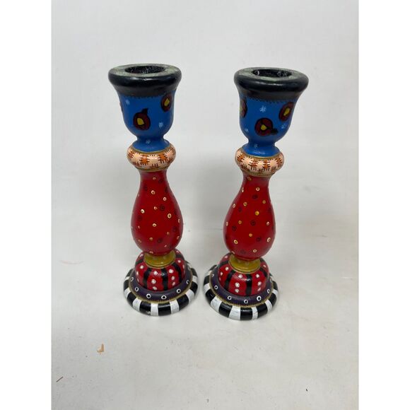 Set of 2 Hand-Painted Folk Art Wooden Candlestick Holders –Black & White Striped - Picture 1 of 8